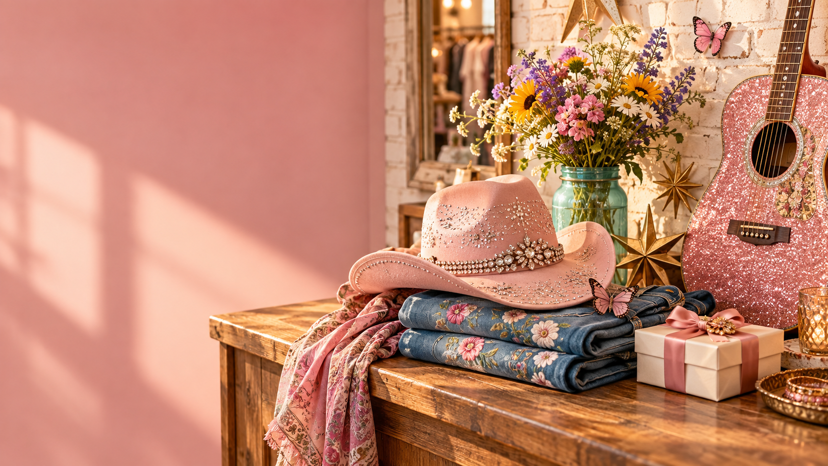A pink rhinestone cowboy hat, floral denim, sparkling guitar, wildflowers, and a wrapped gift arranged in a boutique